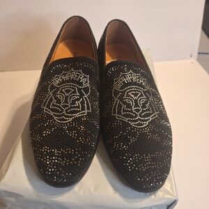 New Erphpre Paul Designed In Paris  Black Embellished Men Loafers. Size US 7